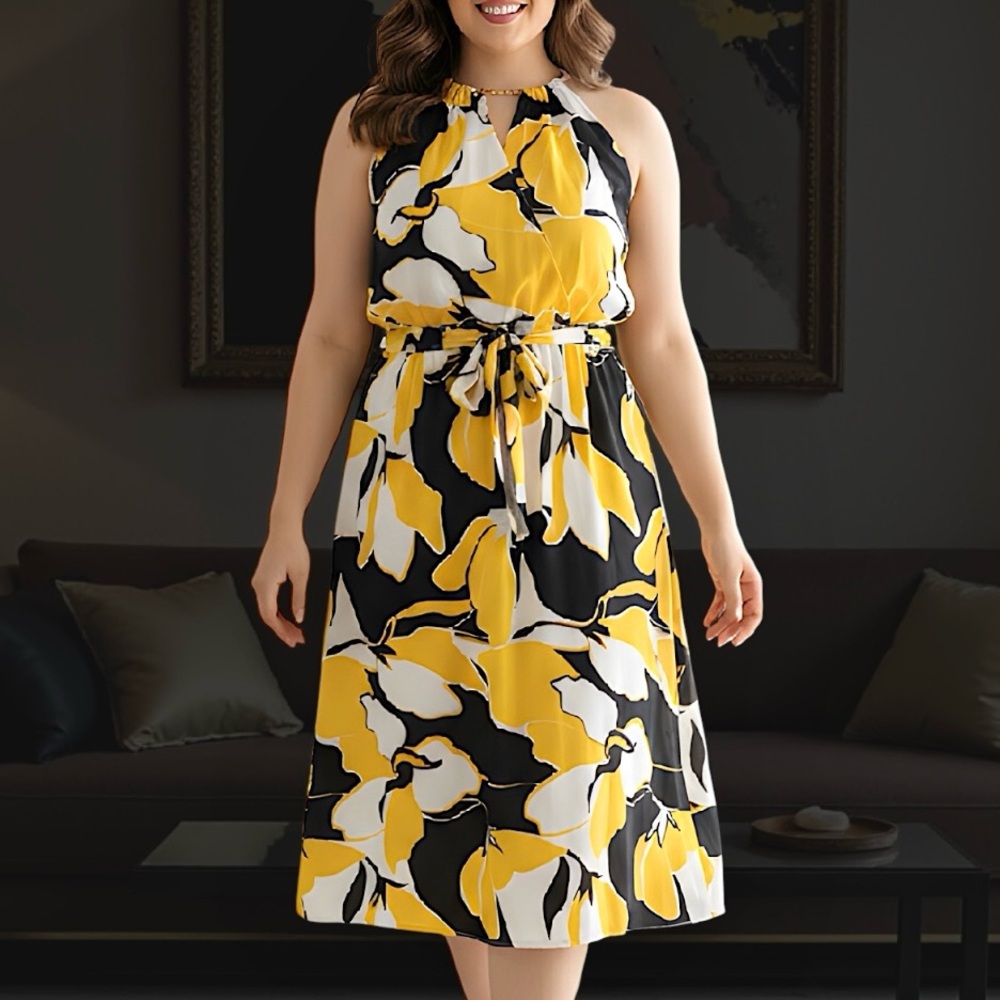 Love X Design Women’s Plus Maxi Floral Yellow White Black Print Dress Sz 3X
